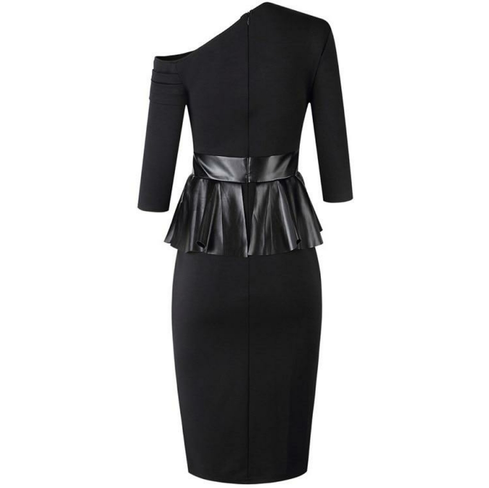 Black Asymmetrical Shoulder Peplum Dresses - Picture 5 of 9